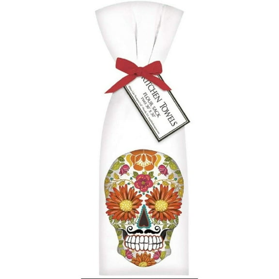 2 Ribbon Tied Sugar Skull Daisies Flour Sack Towels