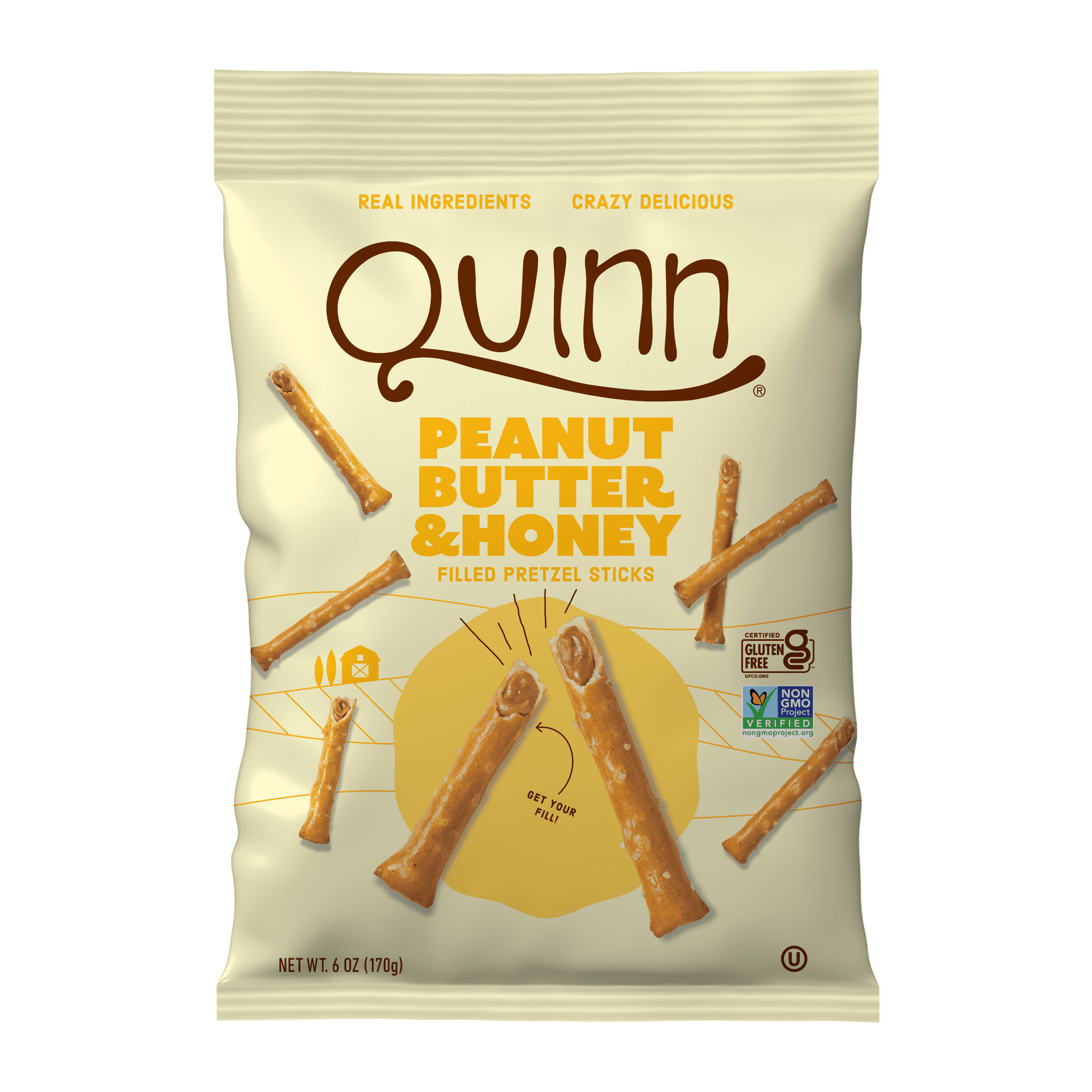 (3 pack) Quinn Gluten Free Peanut Butter & Honey Filled Pretzel Sticks, 6 oz