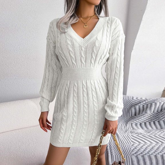 symoid Long Dresses for Women- Autumn and Winter V-neck Rise Bag Hip Knitted Sweater Dress White L