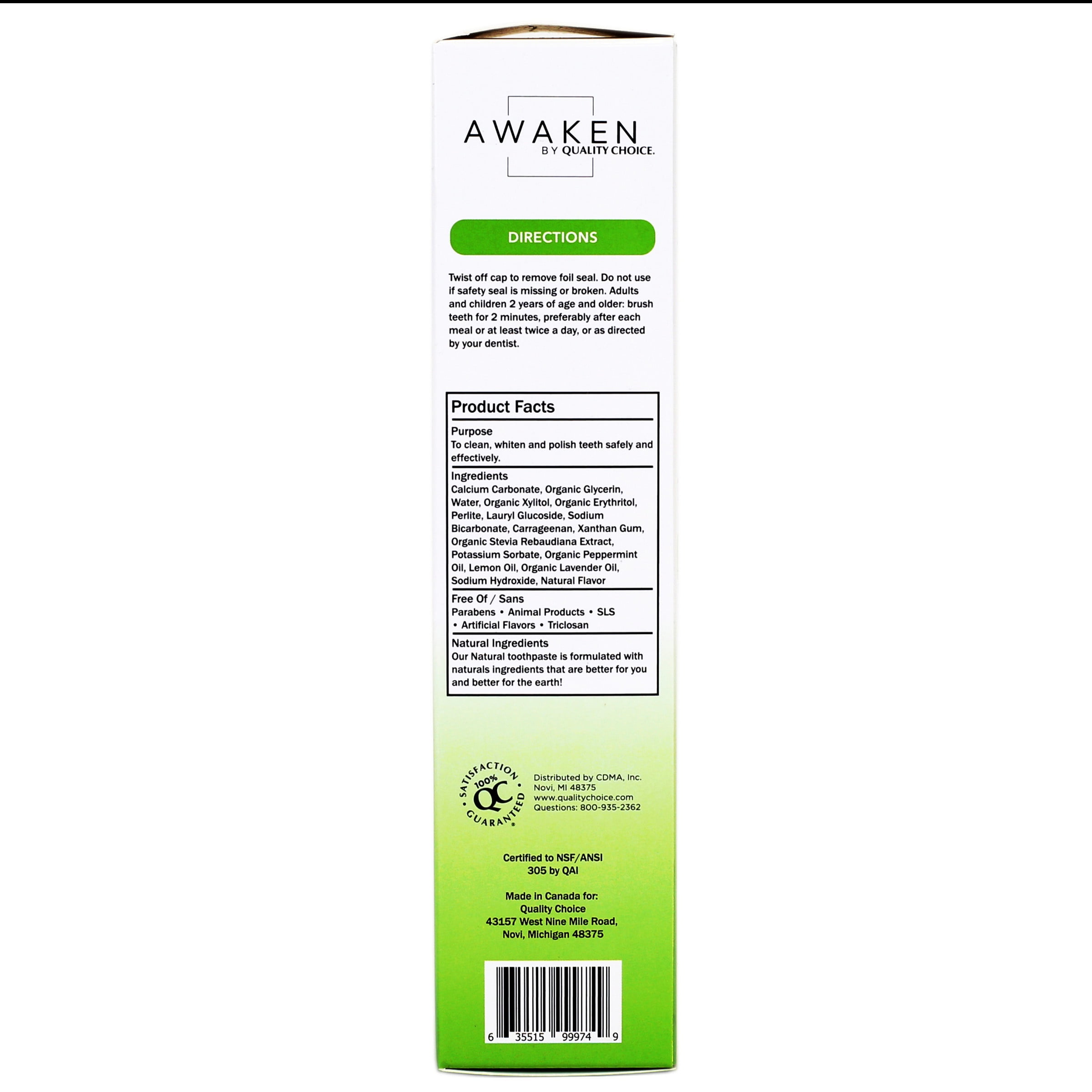 Awaken by Quality Choice Natural Toothpaste, Fluoride Free, Enamel Safe, Sensitivity Free, 85% Organic Ingredients, Wild Mint, 5.5 OZ - 3 Pack