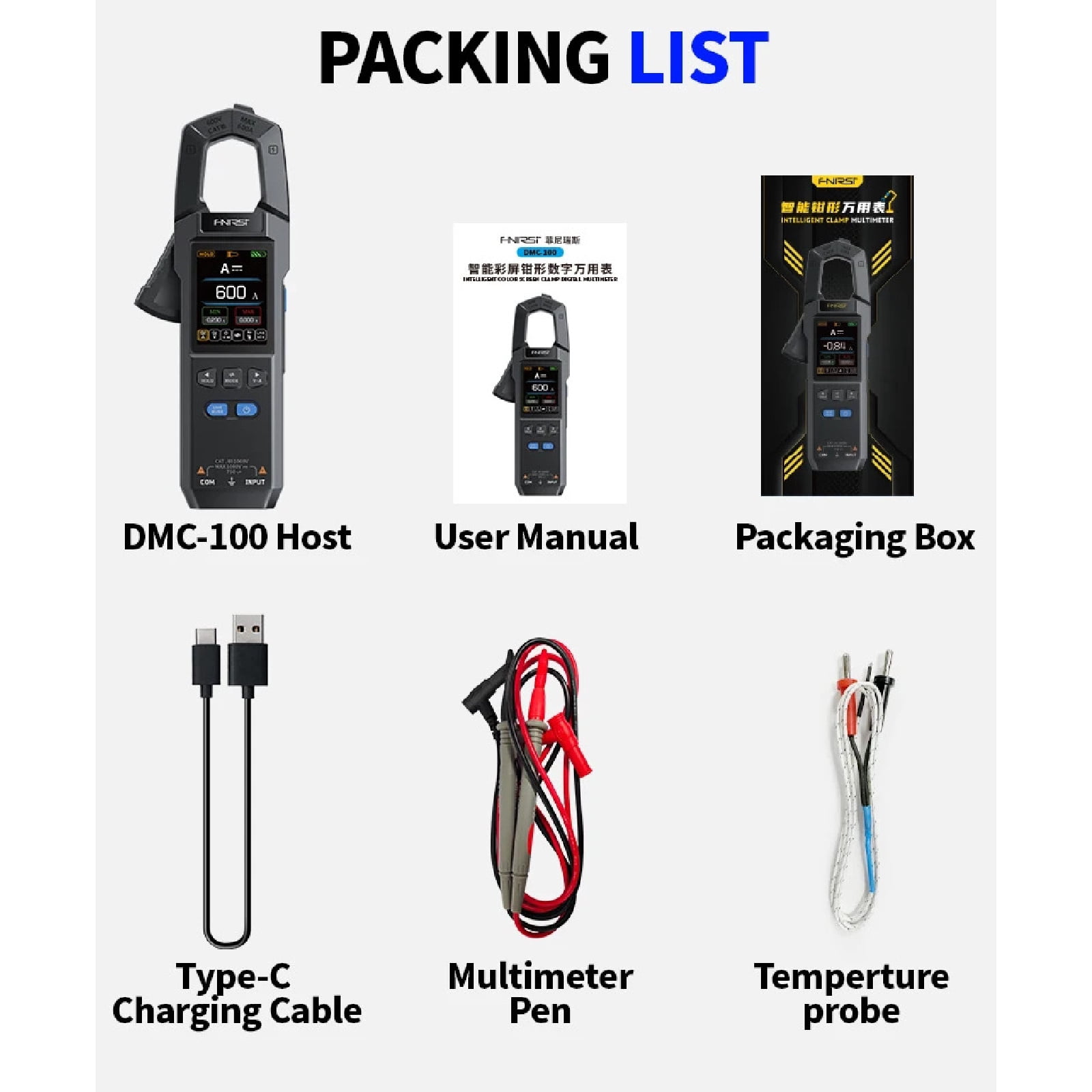 FNIRSI DMC-100 AC/DC Clamp Meter Digital Multimeter, 10000 Counts, True RMS, Power Calculation, NCV Detection, Waveform Display