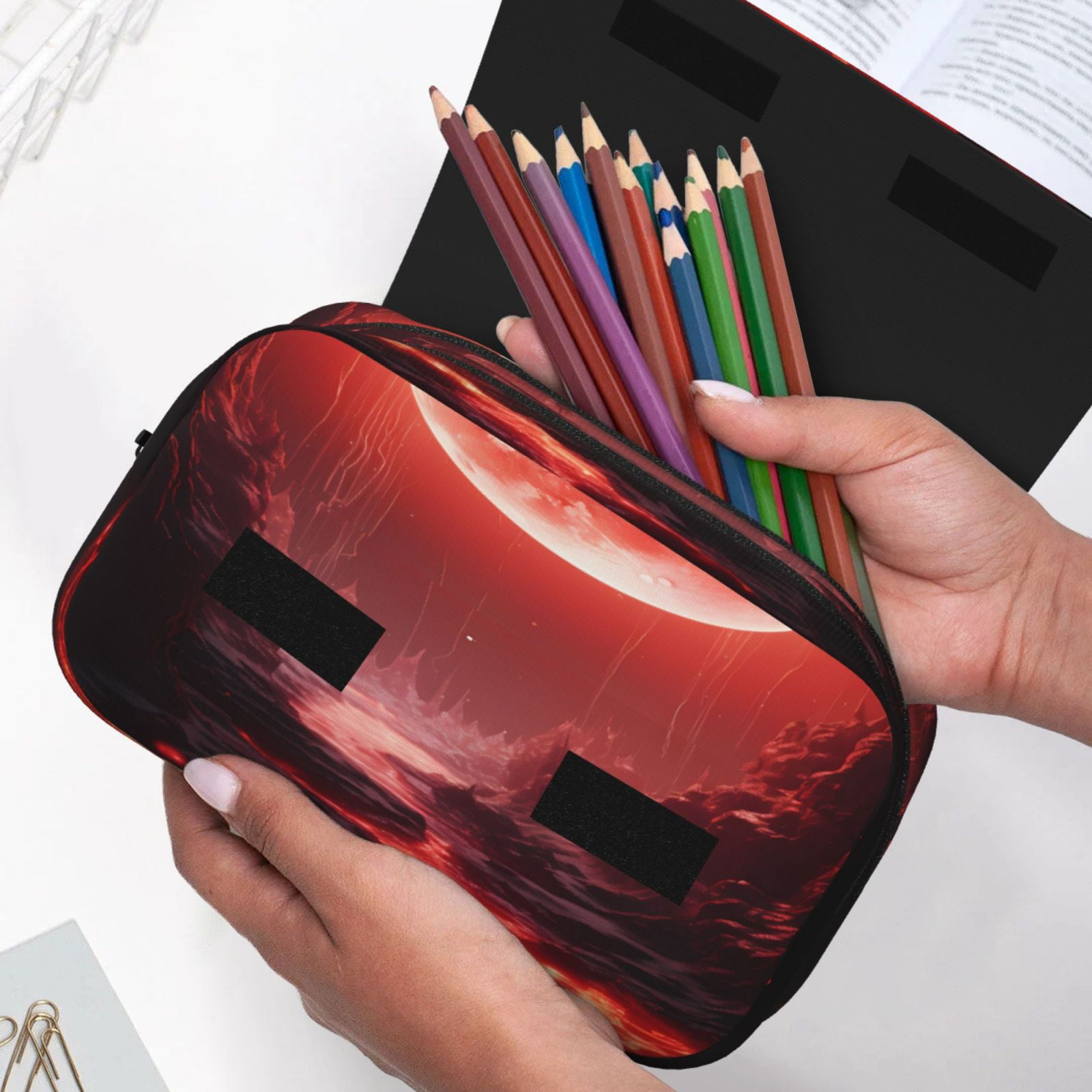 Rateoe Red Moon Lava Pattern Double Clamshell Pen Case, Storage Organizer with Two Zipper Compartments– Holds Up to 50 Pencils & Pens