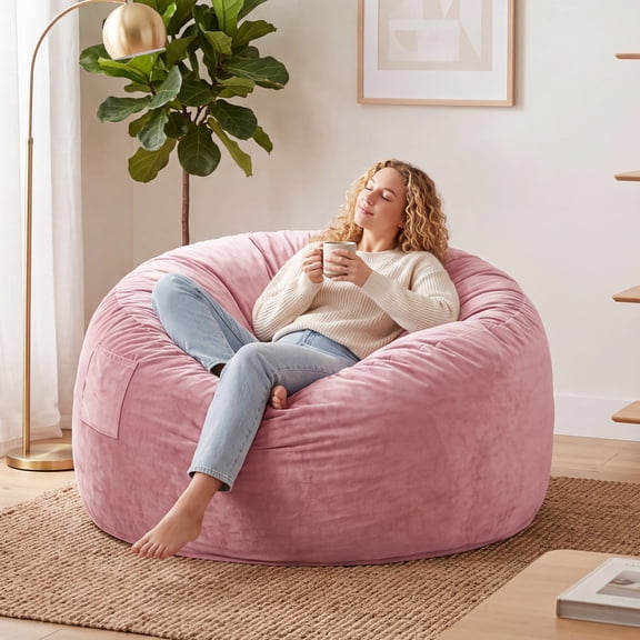 LOGYAT 3.5ft Bean Bag Chair, Memory Foam Filling, Washable Suede Cover, Reinforced Zipper, for Kids, Teens, Adults, Pink