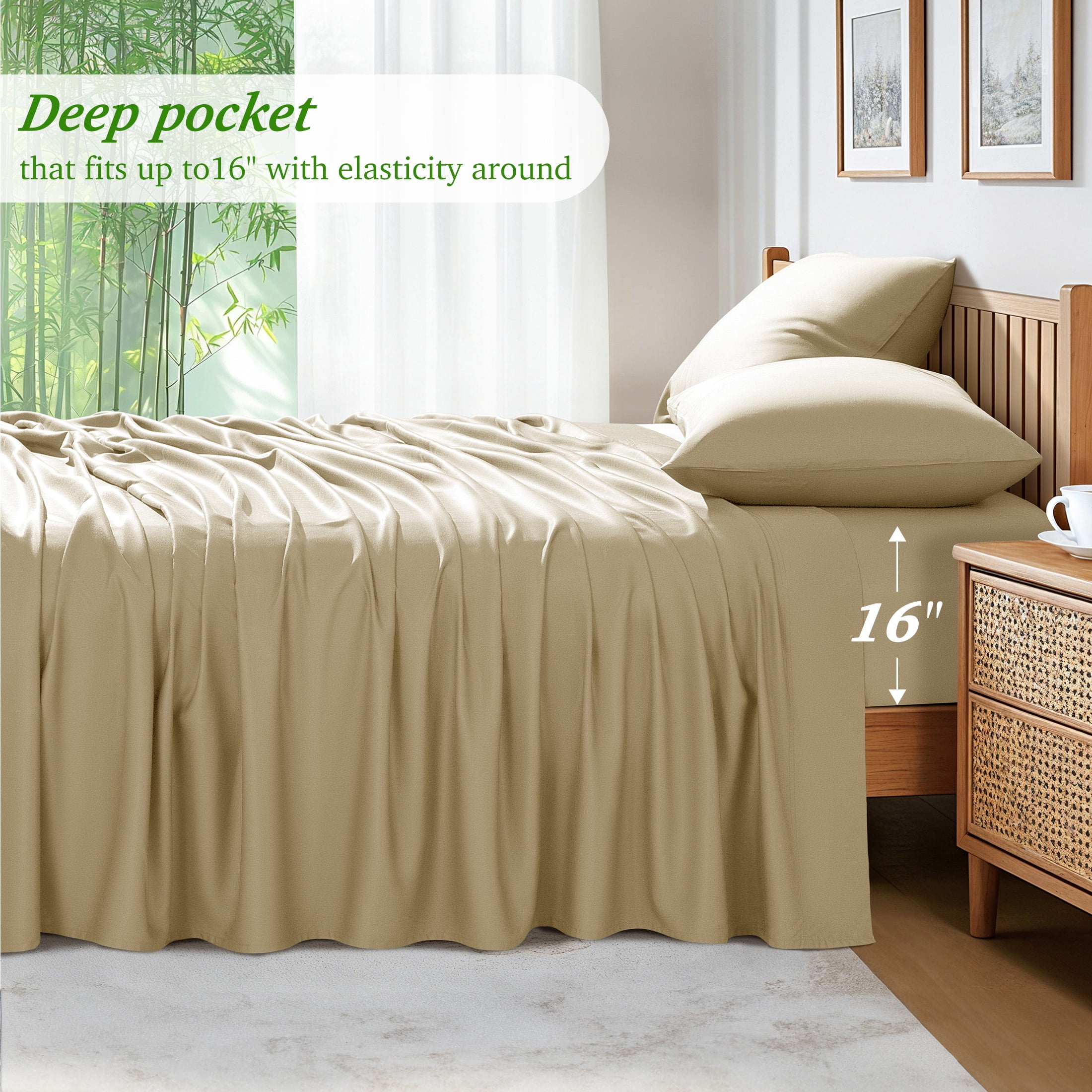 AiAngu Bamboo Full Sheet Set, Luxury Soft 4 Pieces Bed Sheets with 18" Deep Pocket, Begie