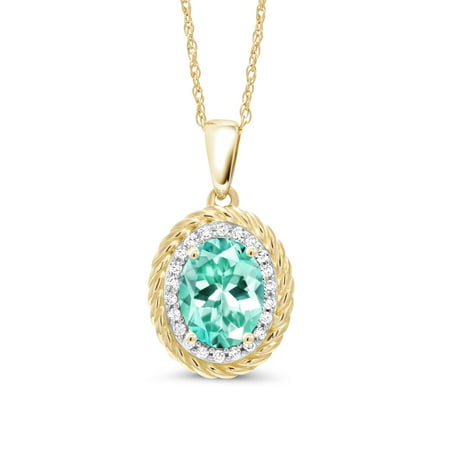 Apatite Turquoise Necklace - 1.34 Ct Oval Blue Apatite White Diamond 14K Yellow Gold Pendant