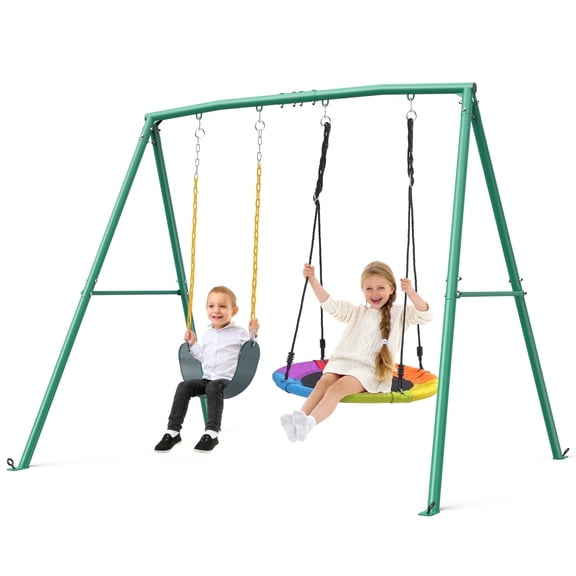Klokick Swing Set with 1 Saucer and 1 Belt Swing Seat, 440lbs Swing Set for Kids with Heavy Duty A-Frame Metal Swing Stand for Backyard and Playground