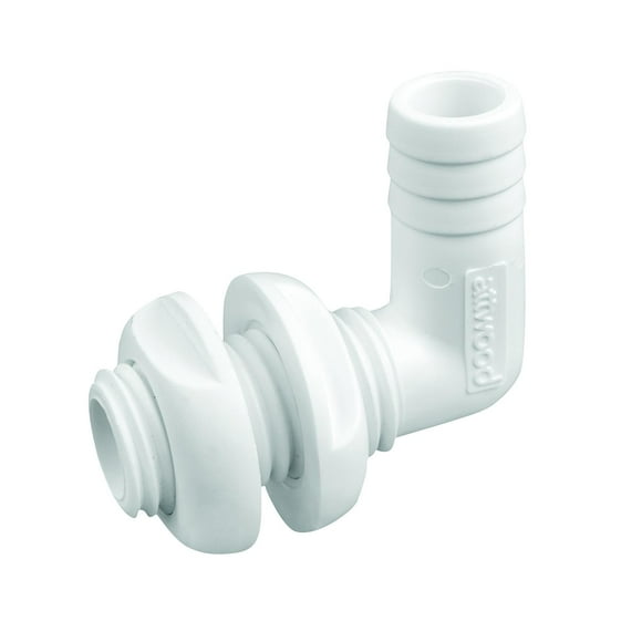 Attwood Bateau Marin Scupper 3877-3 90 Degrés à Travers le Connecteur de Coque; s'Adapte Tuyau de 3/4 de Pouce; Polypropylène; Blanc; 1-1/2 Pouce de Diamètre Bride; 1 Pouce d'Épaisseur de la Coque; Simple; Emballage de Rechange
