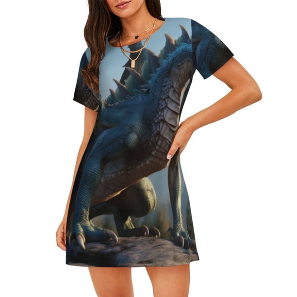 Disketp Wild Blue Cool Dragon para Camisón Corto de Manga Corta para Mujeres, Camisón Cómodo con Escote Redondo, Bonito y Confortable