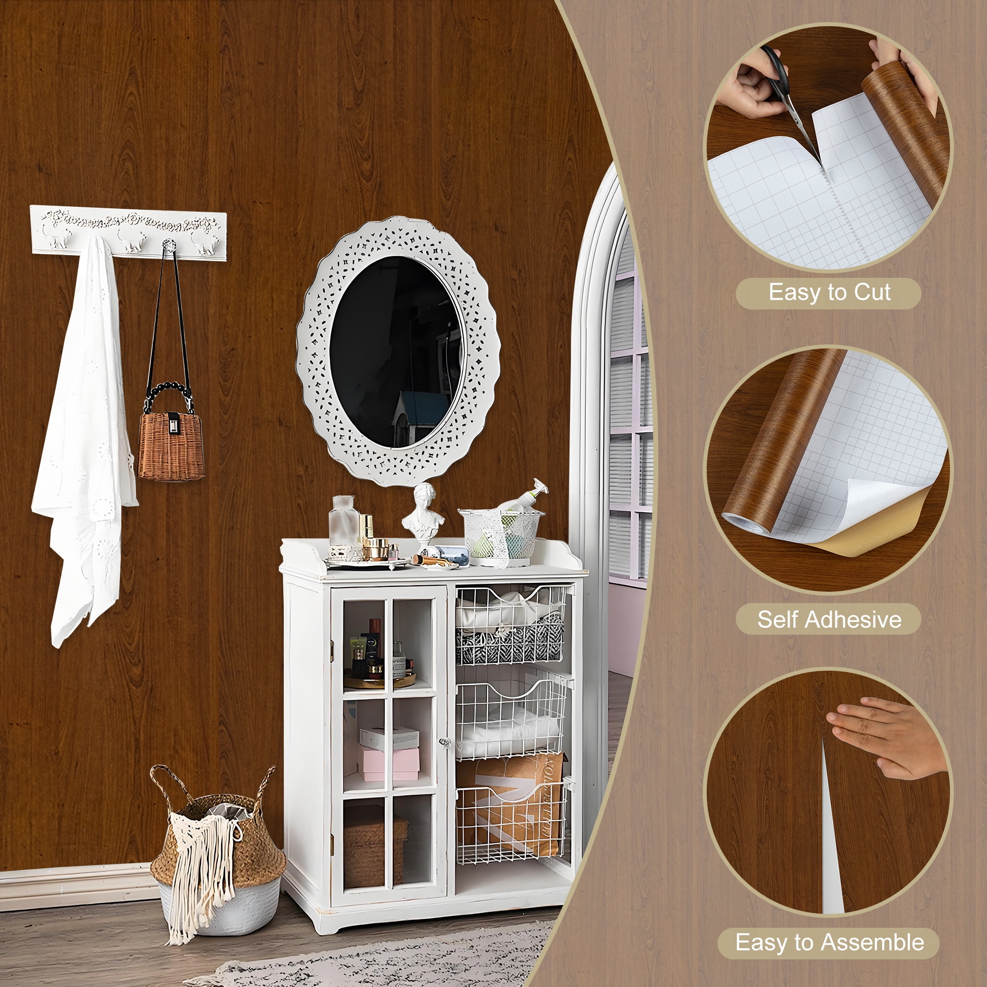 Abyssaly Wood Peel and Stick Wallpaper 15.7" × 118.1" Chestnut Woodgrain Removable Self-Adhesive Vinyl Wall Paper for Home Decor