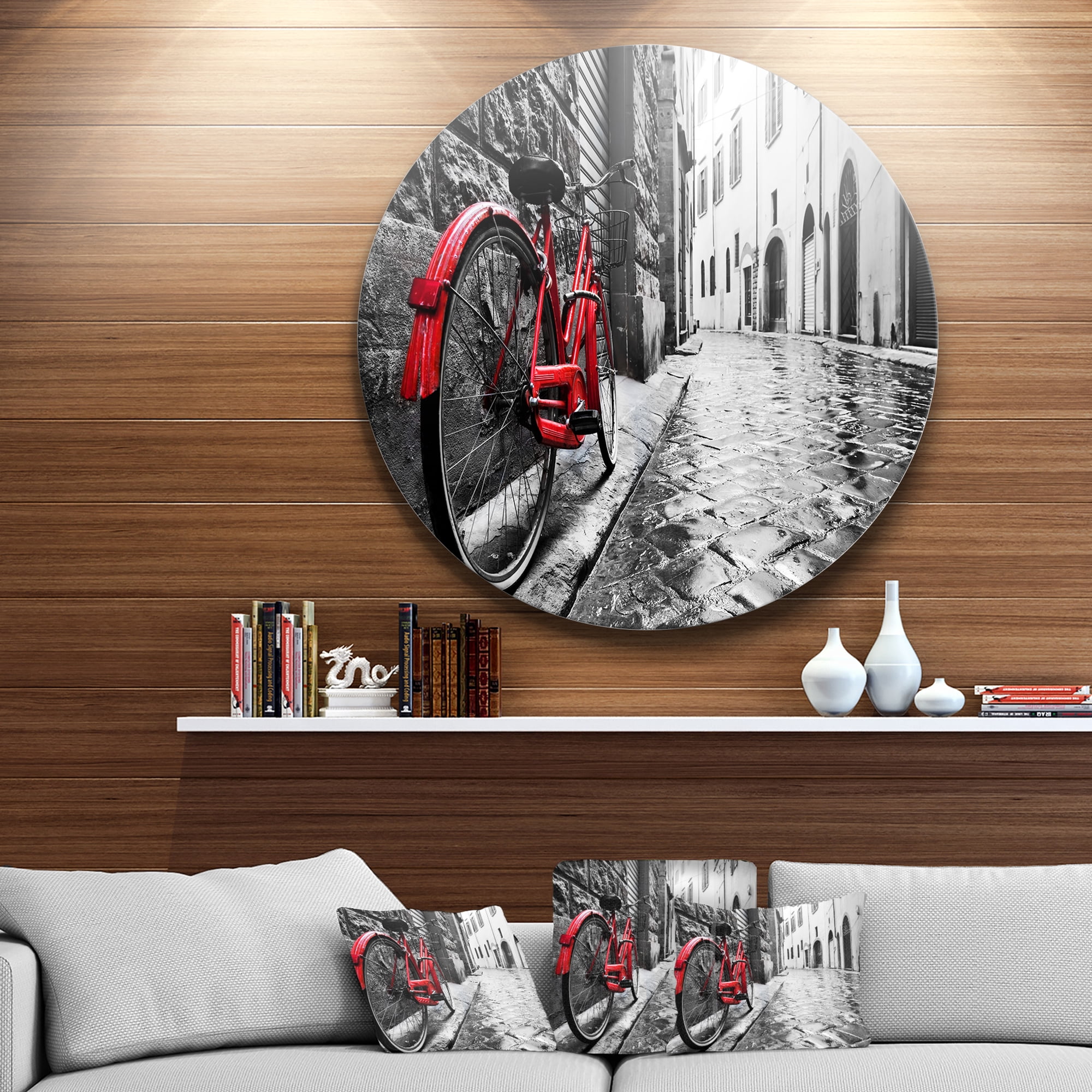 Designart Retro Vintage Red Bike' Cityscape Photo Circle Metal Wall Art