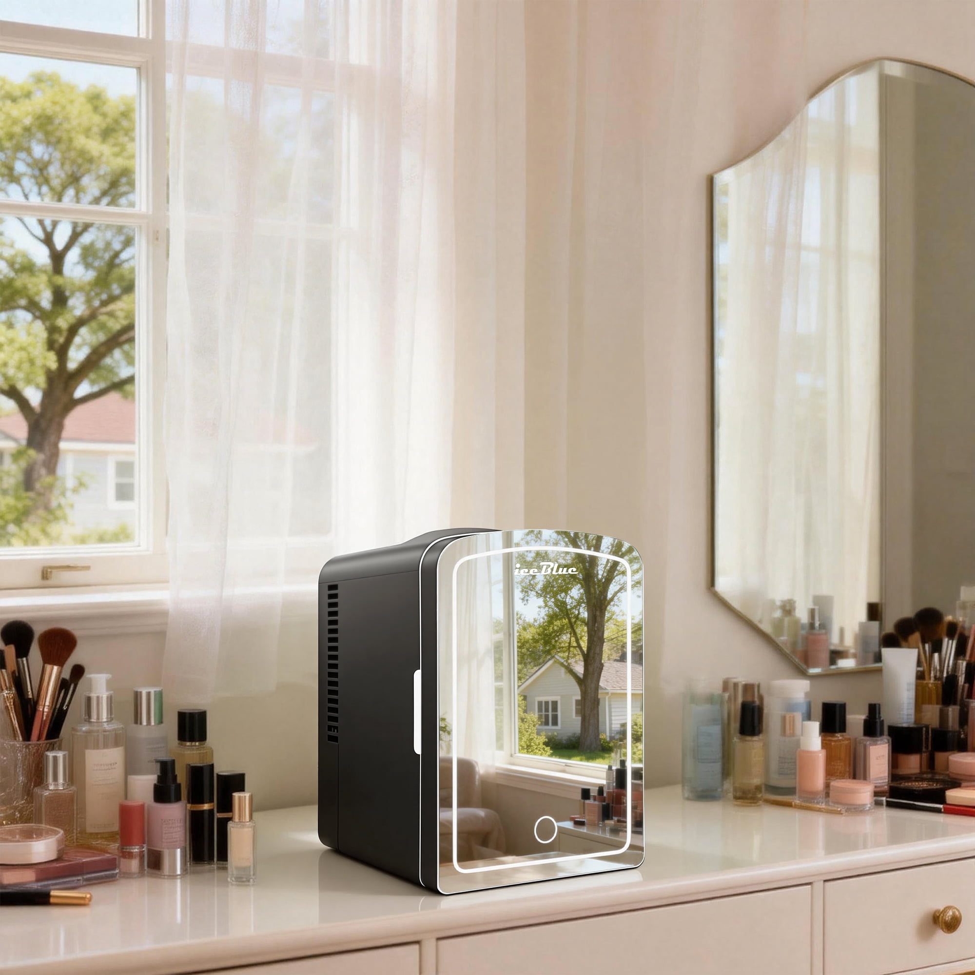 iceBlue LED Mirror Skincare Refrigerator- 4L Mini Fridge for Makeup & Drinks - Car/Home Portable Cooler