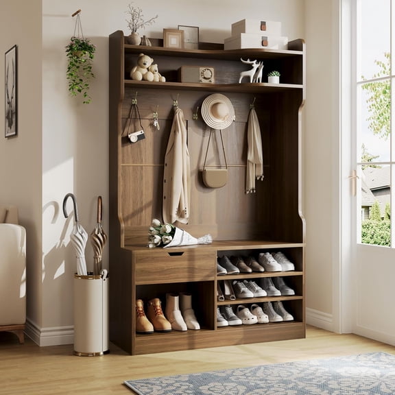 Hall Tree with Bench, Simple Style 5 in 1 Hall Tree, Entryway Storage bench3-Layer Shoe Cabinet & 7 Coat Hooks, Separate Drawers, 42.9x15.94x70.86 in (Country Walnut)