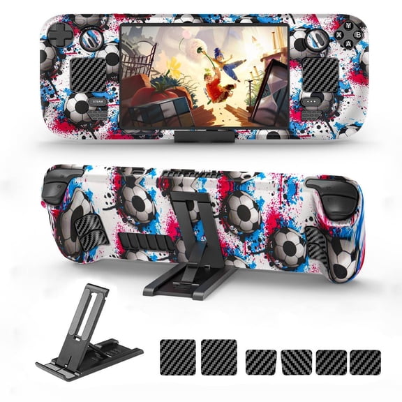 ZZHY Full Protective Set for Steam Deck Game Handheld Device Accessories with Stand, Touch Skin Stickers and Thumb Grip, Comprehensive Protection Set for Anti Slip of Steam Deck - Football