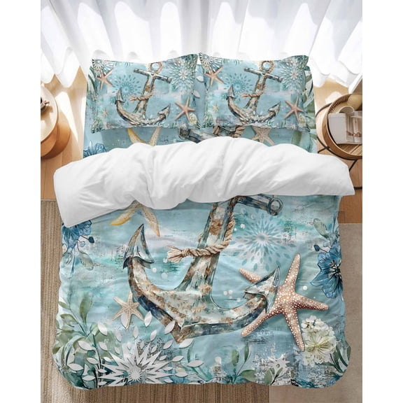 Ocean Anchor Bedding Duvet Cover Set Twin Size 4 Pieces Retro Beige Nautical Starfish Sealife Bedding Set with Zipper Closure, 1 Comforter Cover 68x86 Inches 1 Flat Sheet & 2 Pillow Cases