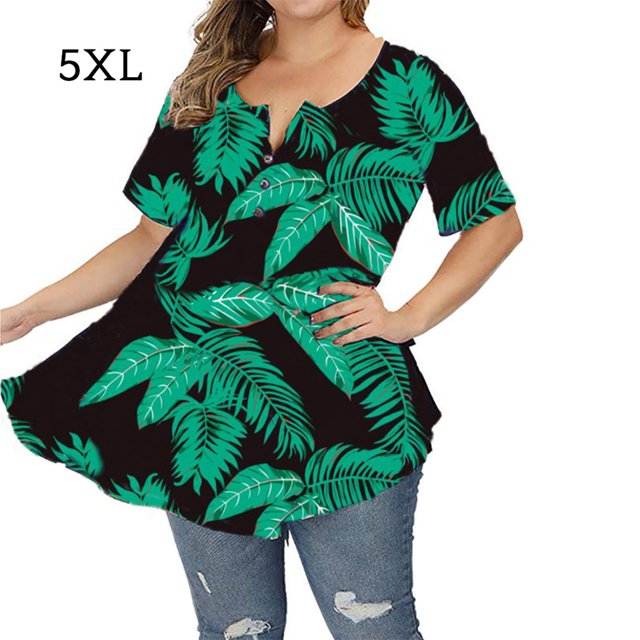 Camisa de mujer Camiseta de manga corta con estampado floral Blusa con cuello en V, Negro, Verde, 5XL Inevent AP002466-32