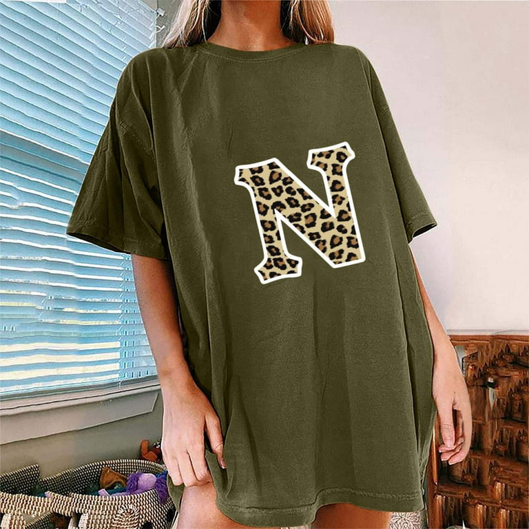 Womens T Shirts Oversized Loose Fit Trendy Drop Shoulder Sleeve Crew Neck  Letter N Graphic Blouse Tops 