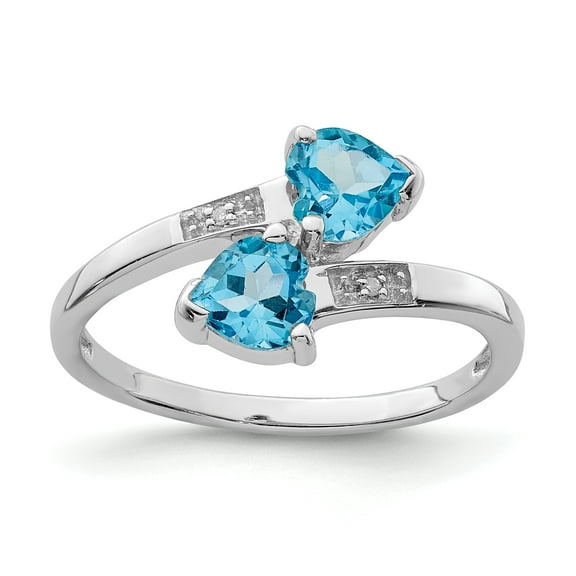 925 Sterling Silver Rhodium Light Swiss Blue Topaz and Diamond Heart Ring Size 8