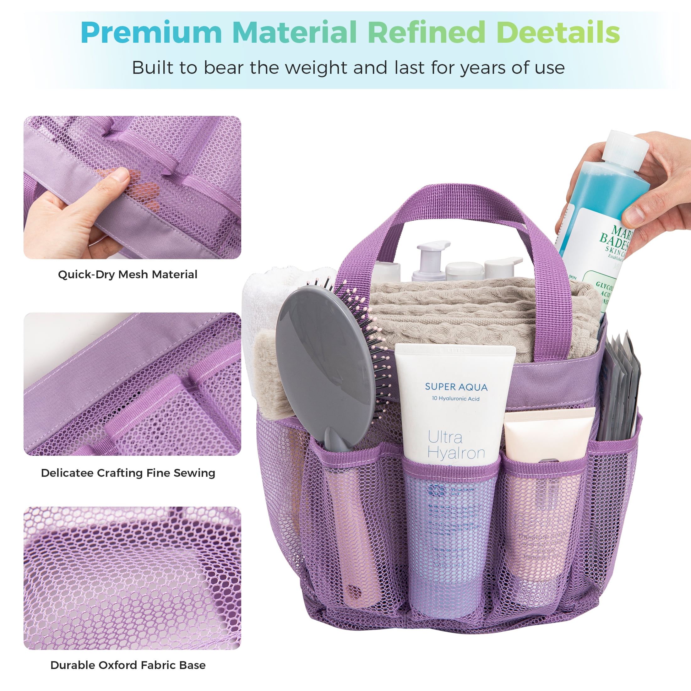 Siaomo Mesh Shower Caddy,Tote Bag for College Dorm,Bathroom,8 Pocket Basket,Quick Dry  Purple  (图3)