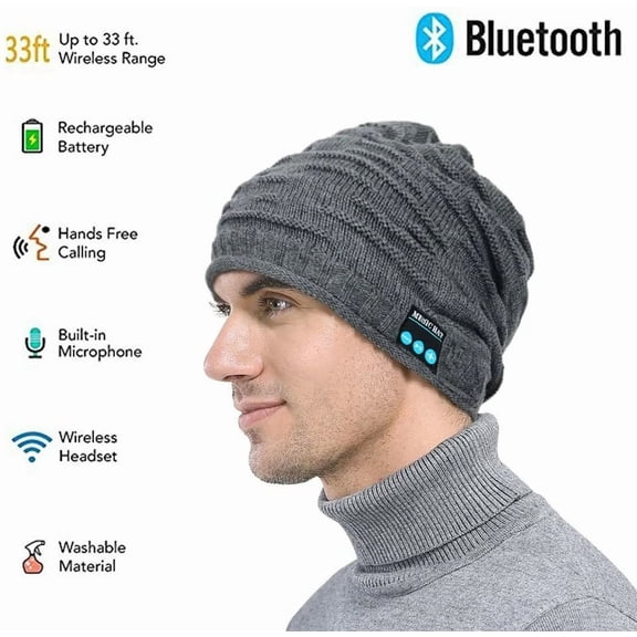 Wireless Bluetooth Beanie Knit Hat Unisex Grey Speakers & Mic Winter Headphone