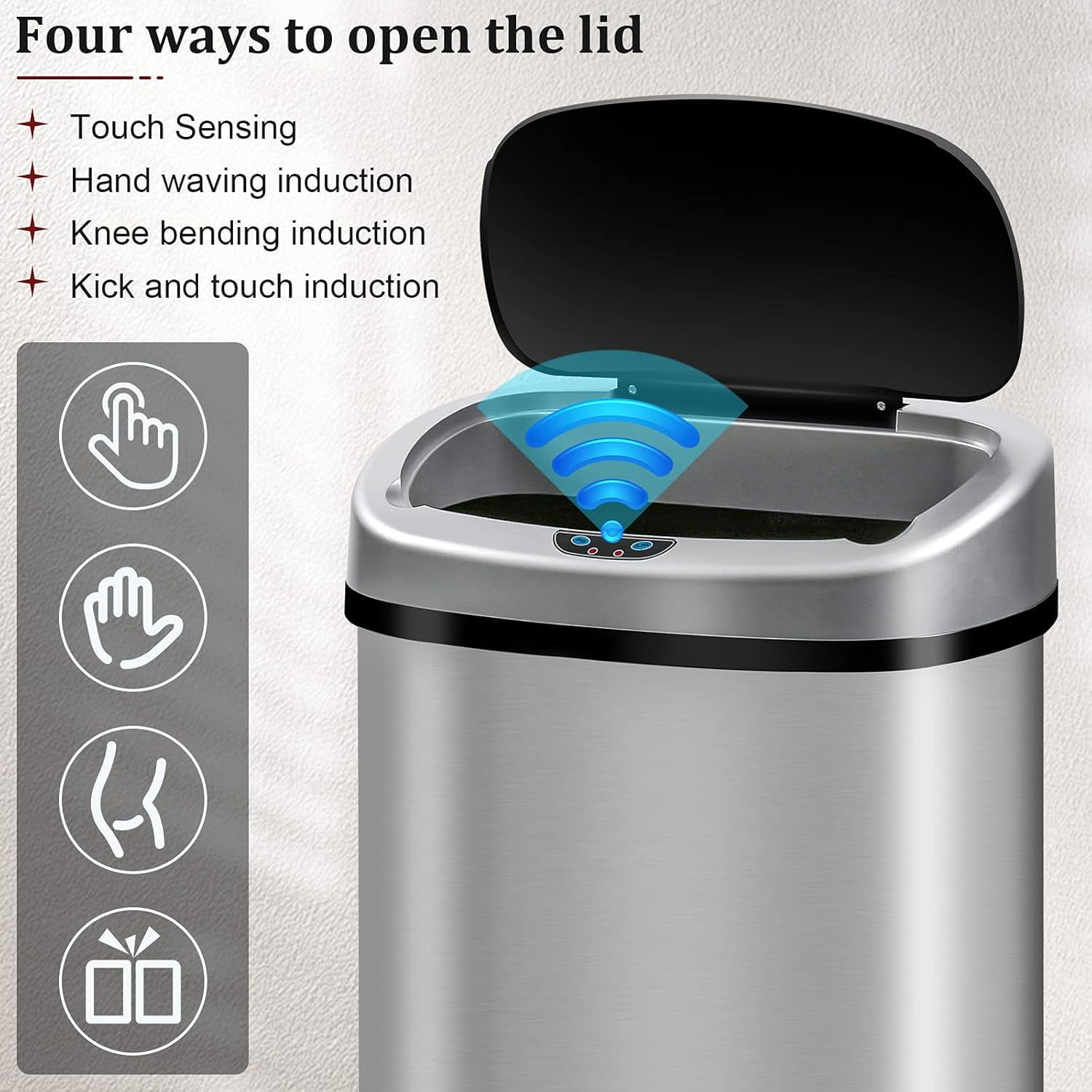 13 Gallon Trash Can Automatic Kitchen Garbage Can with Lid Touchless Sensor Waste Bin Slim No Touch Stainless Steel Trash Can for Home, Living Room, Bedroom, Office, 50 Liter- Silver