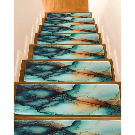 Abstract Teal Non-Slip Stair Treads for Wooden Steps, 7 Pack-8x30in Carpet Stair Mats with Adhesive Backing, Noise-Reducing Step Covers for Indoor Stairs, Easy to Install & Residue-Free