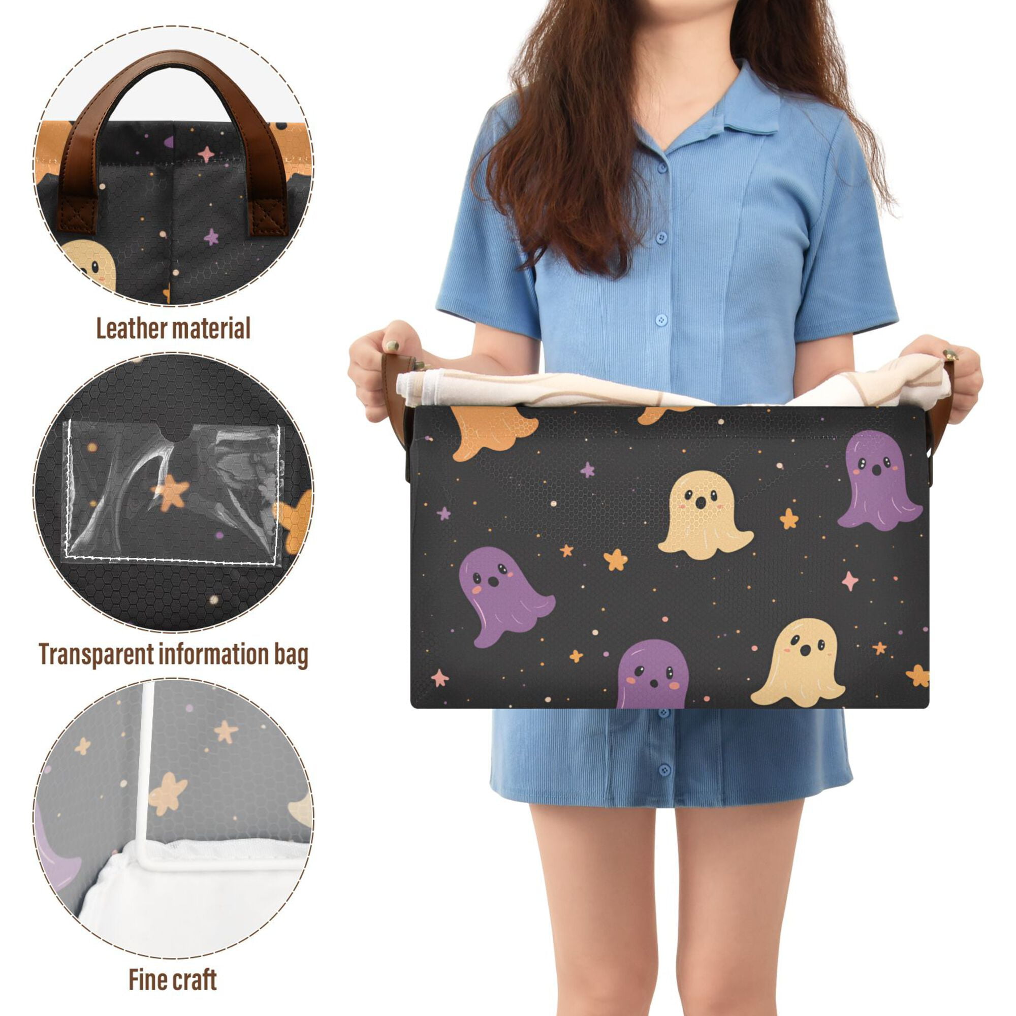 Yayeee Foldable Storage Basket for Shelves with Handles Set of 2 Waterproof Cloth Bins, Black Halloween Ghosts
