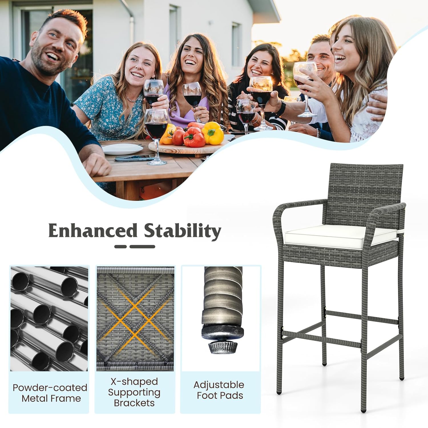 2 Pcs Outdoor Wicker Rattan Patio Bar Stools Counter Bar Height Chairs,Cushions,Mix Gray
