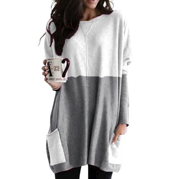 Julycc Womens Plus Size Color Block T Shirt Baggy Long Sleeve Pocket Blouse Tops