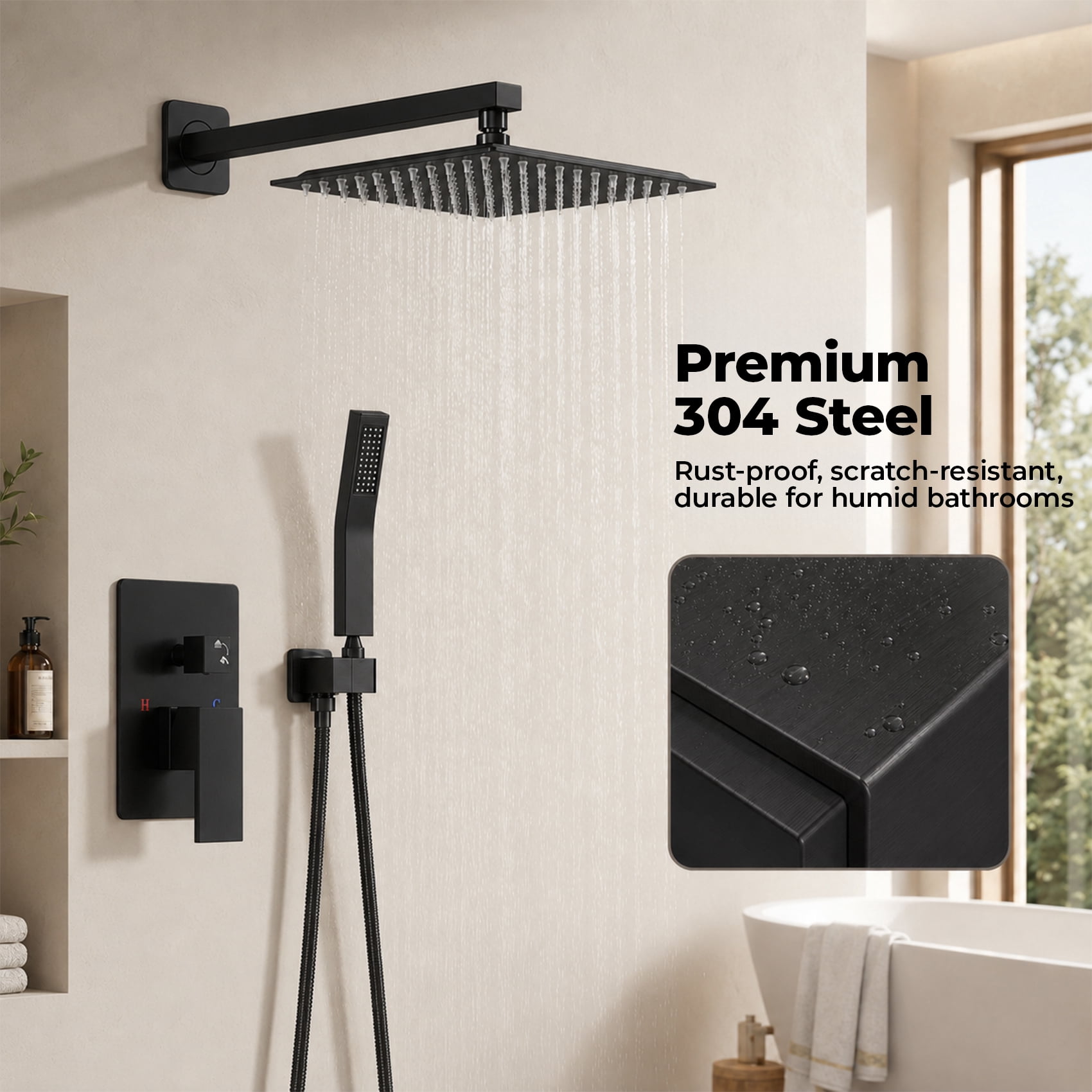 Alvantor Wall-Mounted Shower Faucet Set, 10/12 Inch Square Overhead Spray and Handheld Shower Head with Pressure Balance and Temperature Control Valve