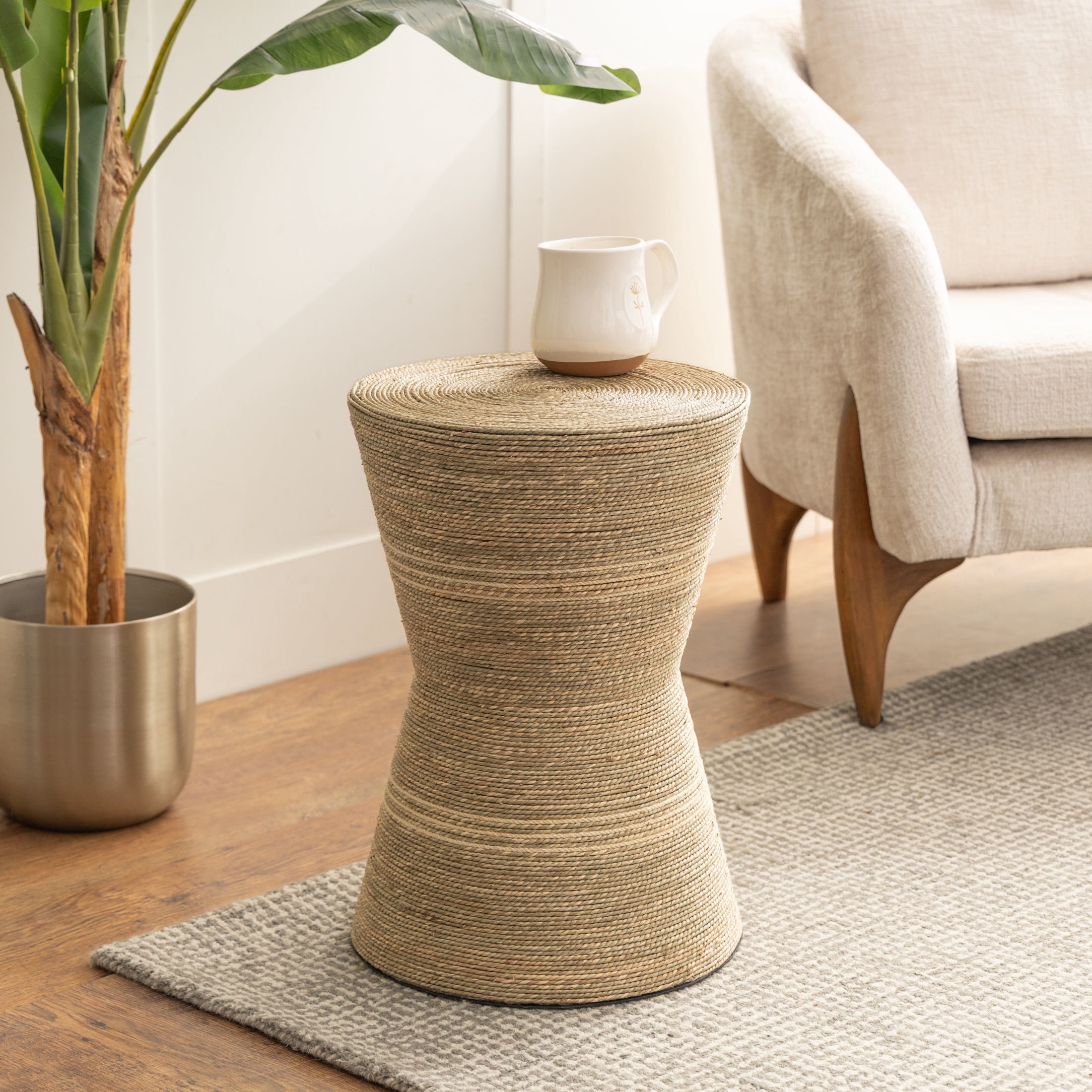 DecMode 14" x 20" Brown Seagrass Handmade Woven Accent Table with Hourglass Shape, 1-Piece