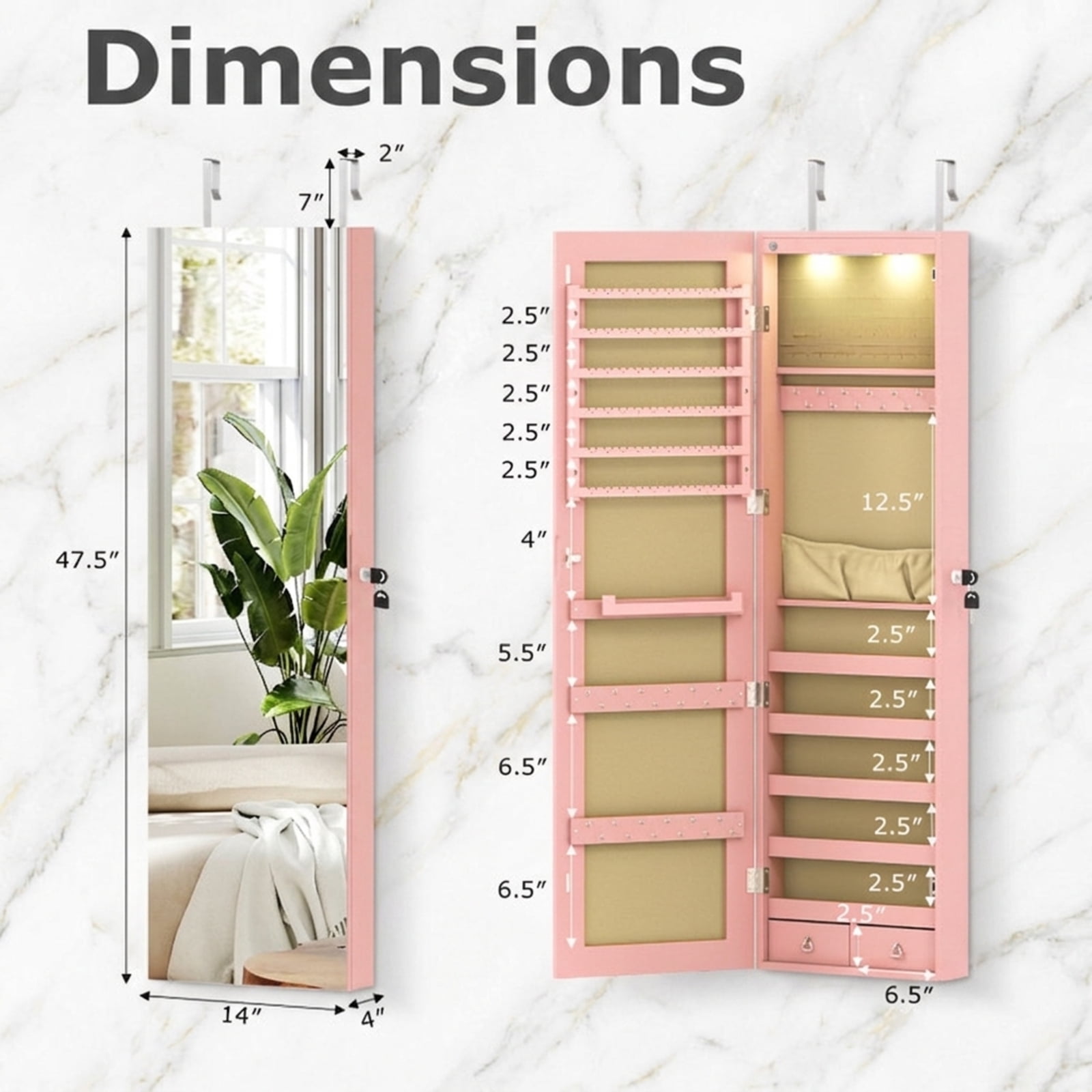 Furnibear Wall and Door Mounted Mirrored Jewelry Cabinet with Lights for Bedroom Dressing Room Jewelry Necklace Rings Storage Mirror, Pink