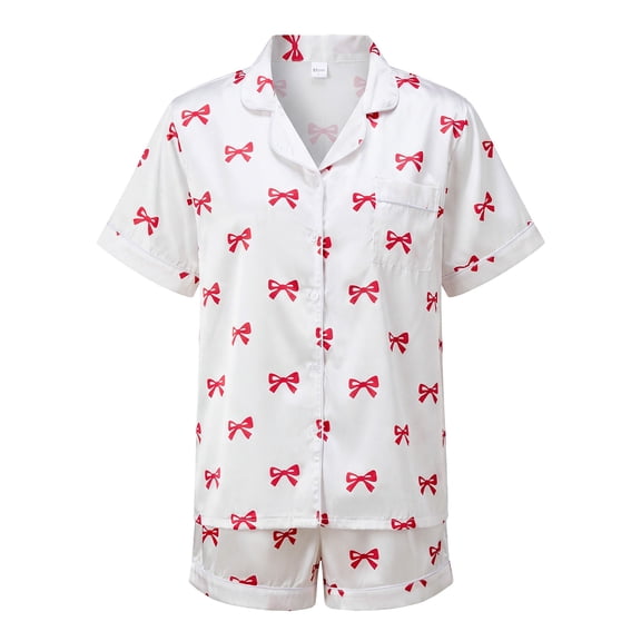 LMLYSoH Mommy and Me Matching Pajamas Bow Print Button Down Short Sleeve Lapel Tops Shorts Family Satin Sleepwear