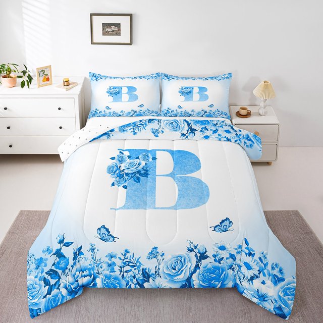 Erosebridal Ensemble de Literie Initiale Lettre Simple, Couette Personnalisée Monogrammée, Décor Floral, Réversible, Léger, 2 Pcs
