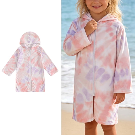 Toddler Girl Cover Ups for Swimwear Zipper Hooded Tie Dye Print Terry Cloth Beach Cover Up Girls Swim Dresses Girls Bathing Suits Size 2-3 Years