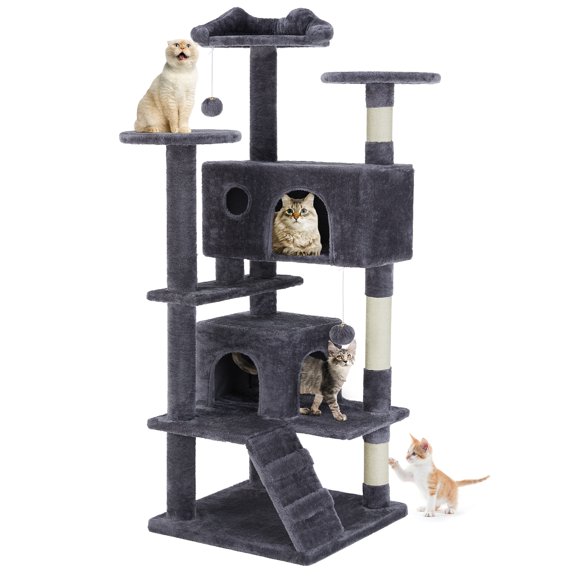 edx 54" Cat Tree Tower, Multi-Level Pet Indoor Furniture with Scratching Post, Large Condo, Climbing Ramp for Kitten, Dark Grey