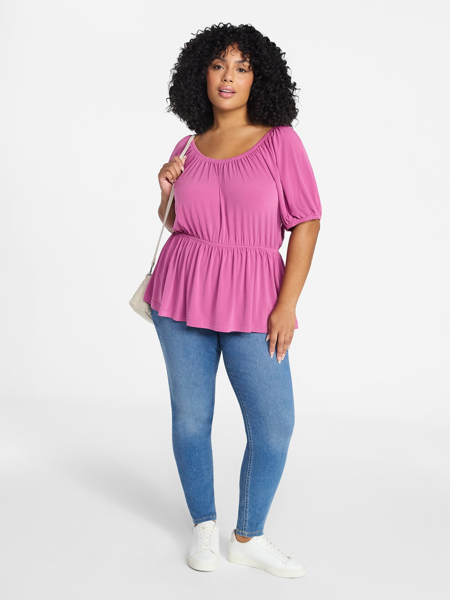 Terra & Sky Women's Peplum Top with Short Puff Sleeves, Sizes 0X-5X