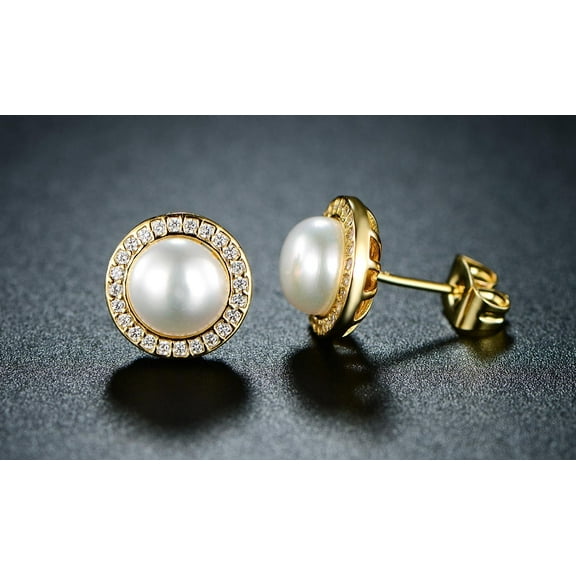 18K Yellow Gold White Freshwater Pearl Halo Round 4 CT Stud Earrings Plated