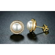 PJ JEWELRY 24K Yellow Gold White Freshwater Pearl Halo Round 1/2 CT Stud Earrings Plated