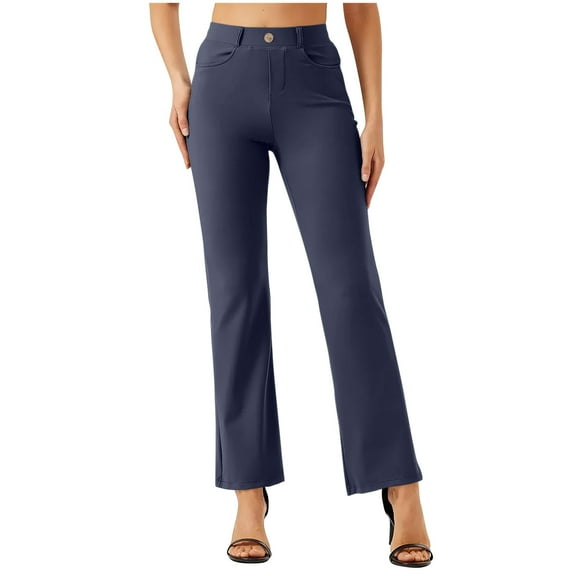 Pxkloy Women's Yoga Dress Pants Straight Leg High Waist Slacks Stretchy Lounge Pants Business Office Work Slacks with Pockets Navy,M