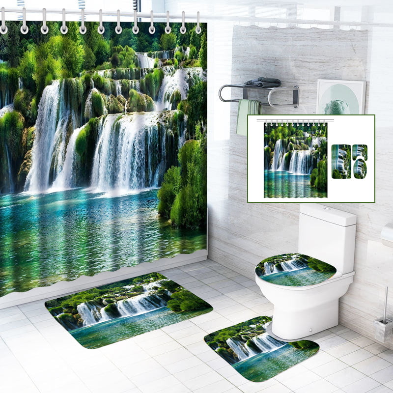 Waterfall Bathroom Polyester Shower Curtain Non Slip Toilet Cover Rugs Mat Set 
