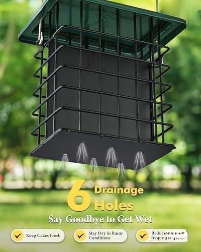 Double Suet Feeder- Metal Roof Bird Feeder with Taller Grid for Woodpeckers, Suet Cake Cage Bird Feeder for Outdoors Hanging,Easy-Clean & Refill,Green (1 Pack)