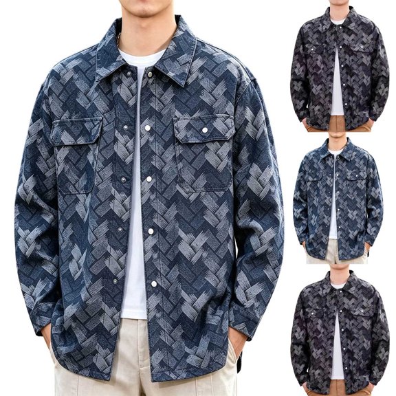 Ceisia Men Geometric Jacquard Denim Button Down Shacket Lapel Long Sleeve Chest Pockets Casual Oversized Shirt Jacket Daily Autumn Winter Outfit Gift