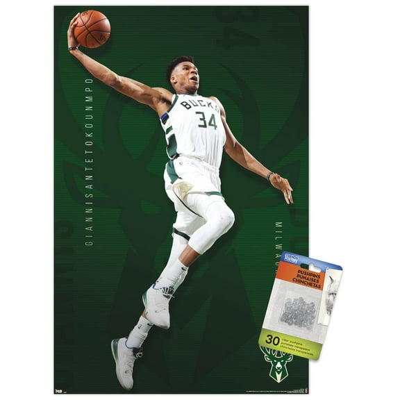 NBA Milwaukee Bucks - Giannis Antetokounmpo 19 Wall Poster with Push Pins, 14.725" x 22.375"