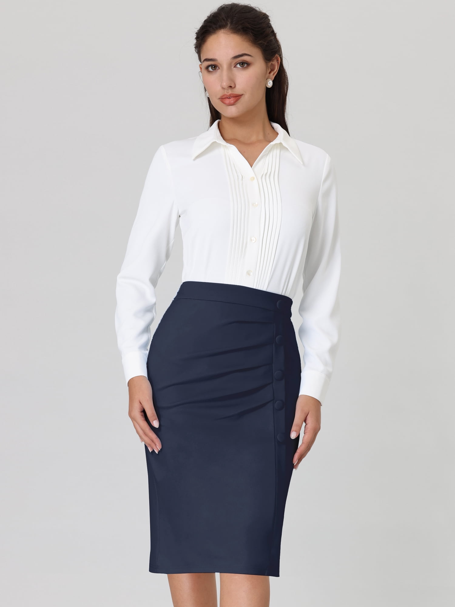 DARING DIVA Women's High Waist Ruched Bodycon  Leisure Midi Pencil Skirt XL Dark Blue