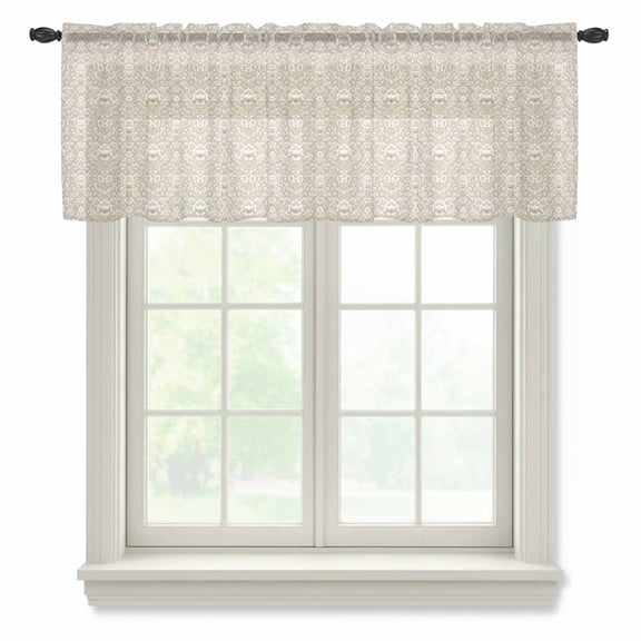 Beige Damask Valance Curtains for Kitchen/Living Room/Bathroom/Bedroom Window, Rod Pocket Small Topper Half Short Window Curtains Voile Sheer Scarf, Vintage Country Scroll Floral Patterned 42"x12"