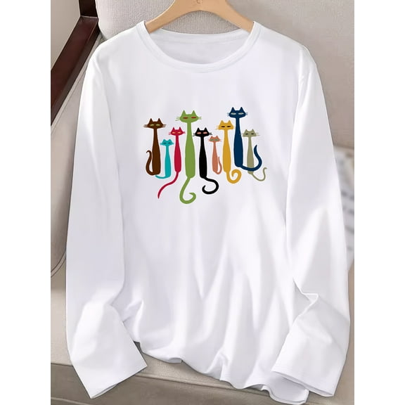 Women'S Casual Long Sleeve T-Shirt with Colorful Cat Graphic, Crew Neck, 100%COTTON Top, Medium Stretch, Regular Fit, Spring/Fall Pullovers