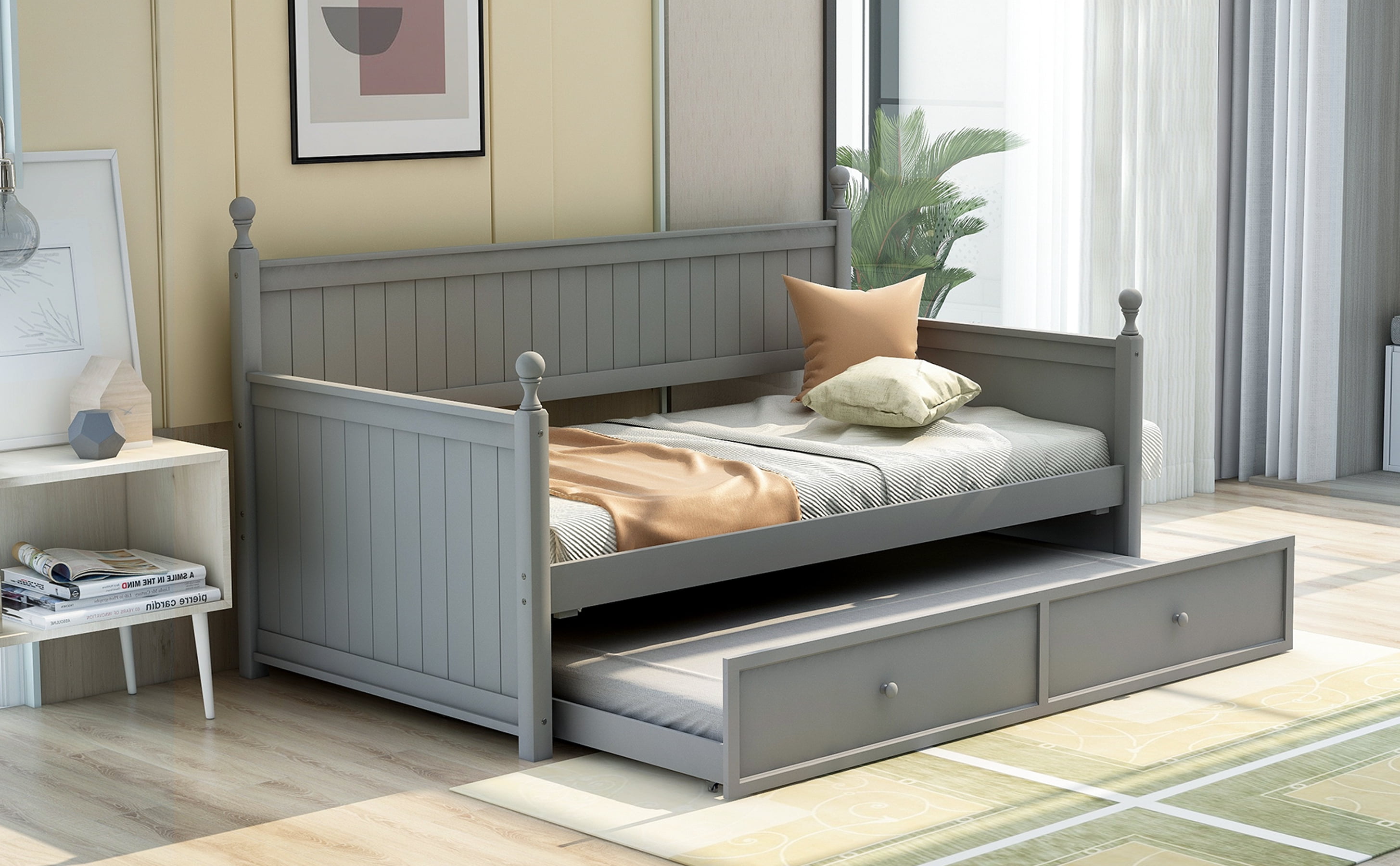 Twin Daybed with Trundle, Wood Twin Bed Frame, Gray Daybed and Trundle