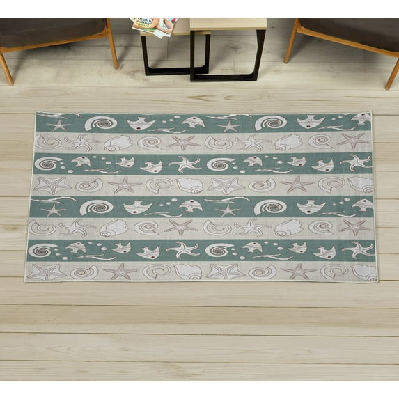 Nautical Decorative Rug, Marine Theme Sea Animals Fishes Shells on Striped Blue Background, Quality Carpet for Bedroom Dorm and Living Room, 6 Sizes, Pale Sepia, by Ambesonne