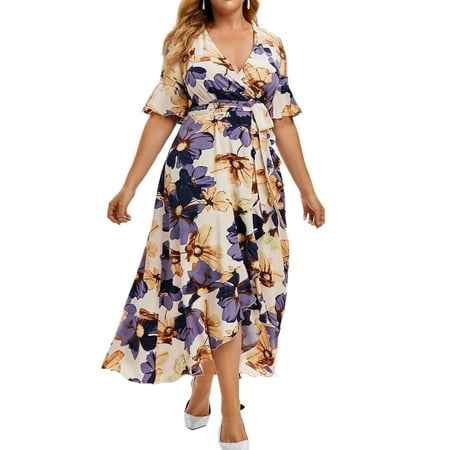 MAWCLOS Women Summer Casual Swing Dress Plus Size Floral Ruffle Sleeve Maxi Long Dress Boho High Low Hem Beach Lace Up Sundress
