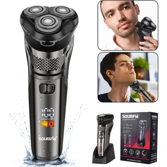 SOLIMPIA Electric Shaver with LED Display, IPX7 Waterproof, 3D Shaving Head, USB Charging, Suitable for Wet and Dry Shaving (Silver)